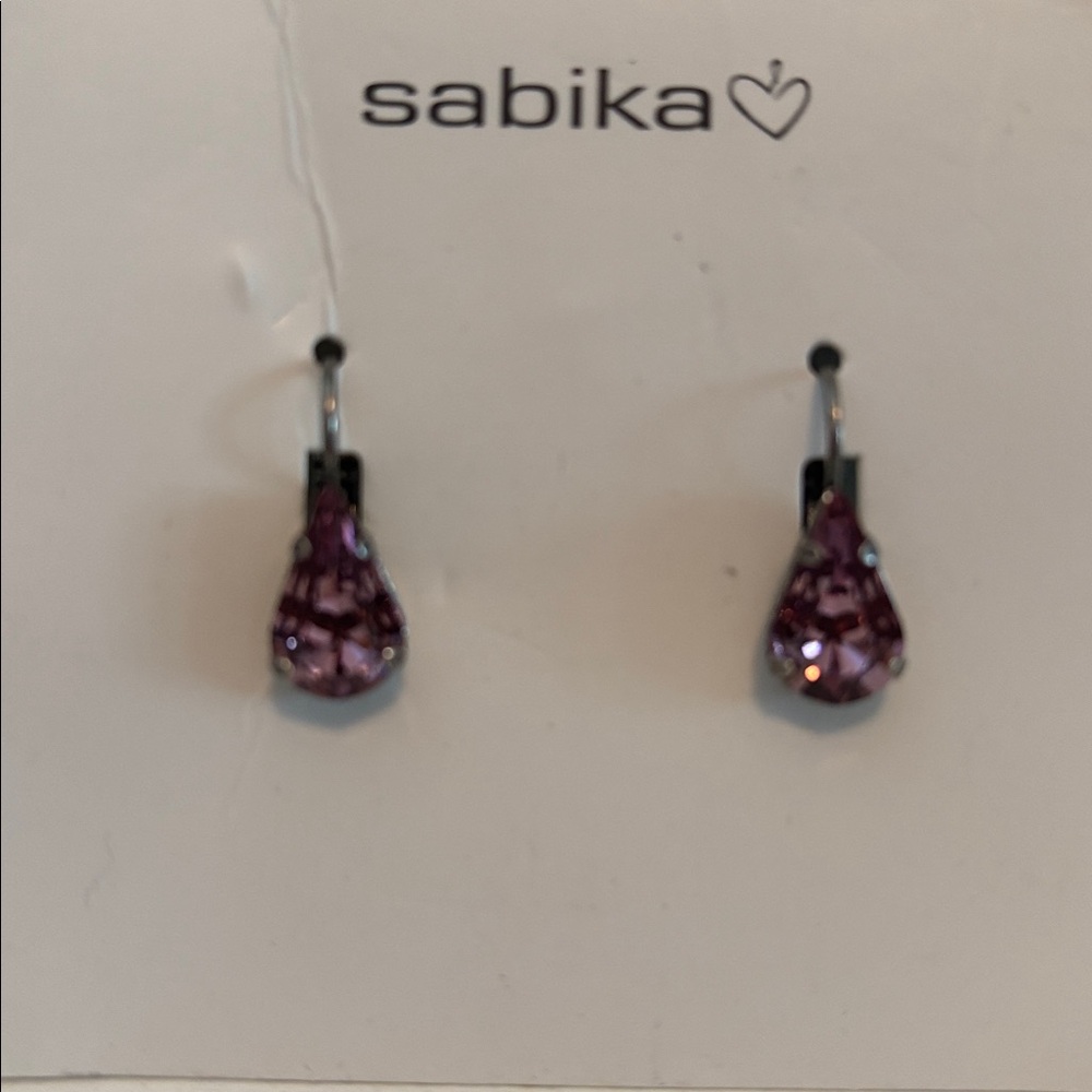 Sabika Crystal Designs Earrings Pierced Drop Style Faux Amethyst Lavender New